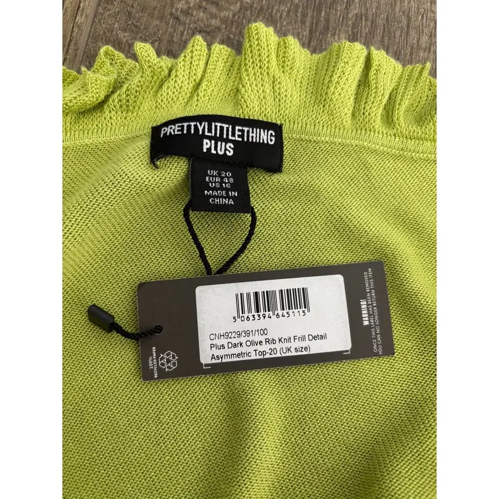 Pretty Little Thing Green Frill Detail Asymmetric One Shoulder Top Plus Size 16 - Picture 5 of 6